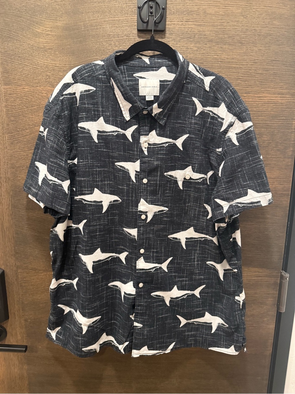 American Eagle Outfitters Short Sleeve Shark Print Button-Down - Black & White